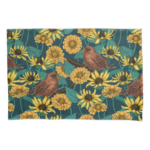 Wrens and flowers on dark blue pillowcase