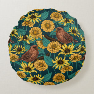 Wrens and flowers on dark blue round cushion