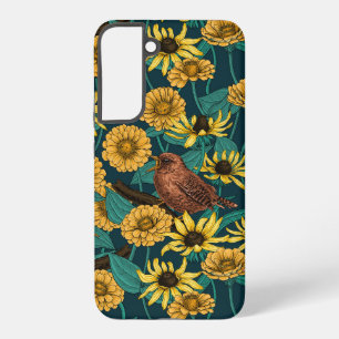 Wrens and flowers on dark blue samsung galaxy case