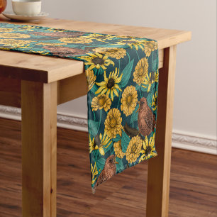 Wrens and flowers on dark blue short table runner