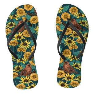 Wrens and flowers on dark blue thongs