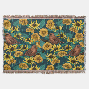 Wrens and flowers on dark blue throw blanket