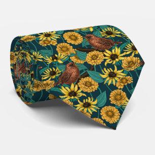 Wrens and flowers on dark blue tie