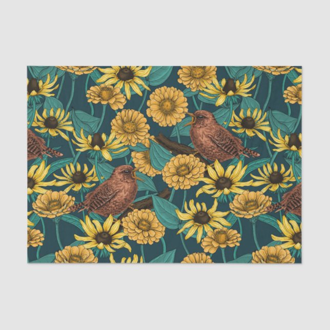 Wrens and flowers on dark blue tissue paper (Front)