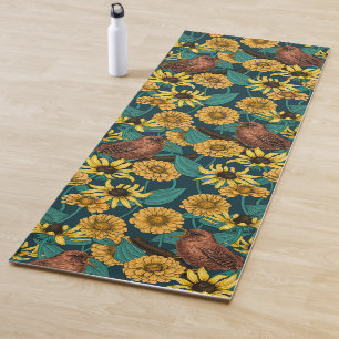 Wrens and flowers on dark blue yoga mat