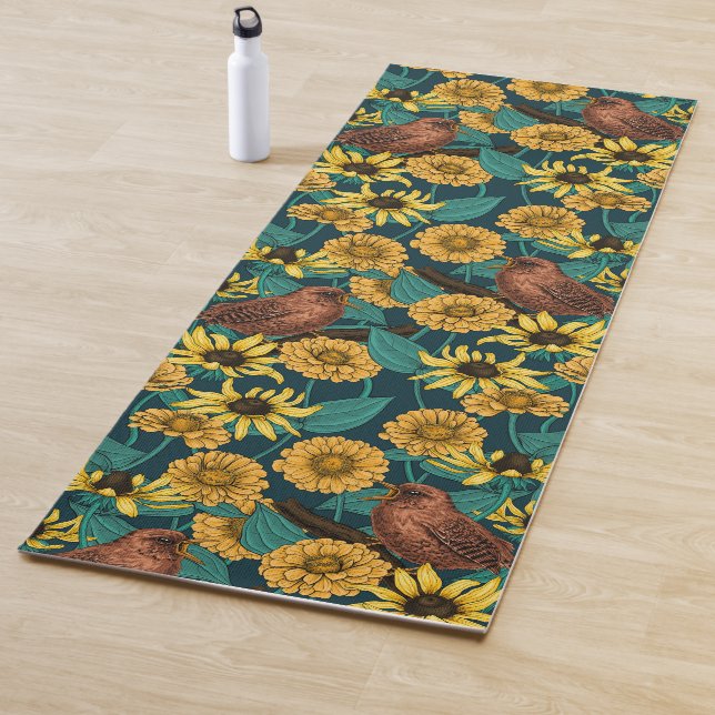 Wrens and flowers on dark blue yoga mat (In Situ)