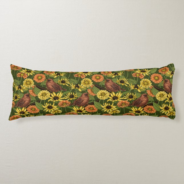 Wrens and flowers on green body cushion (Front)