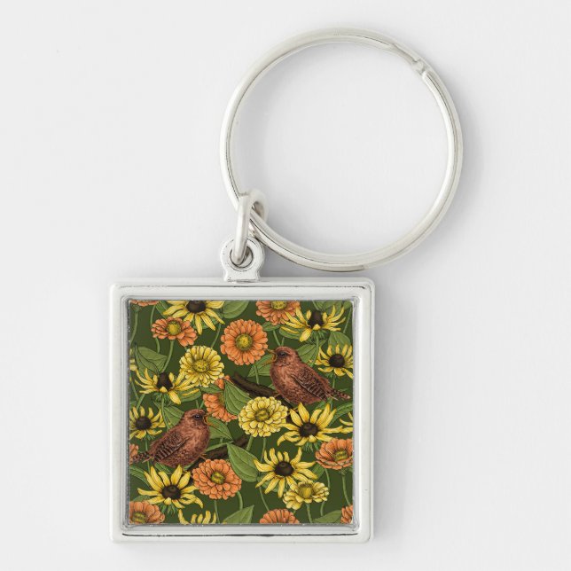 Wrens and flowers on green key ring (Front)
