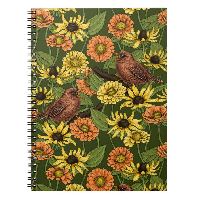 Wrens and flowers on green notebook (Front)