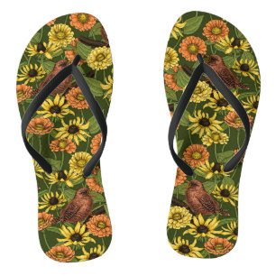 Wrens and flowers on green thongs