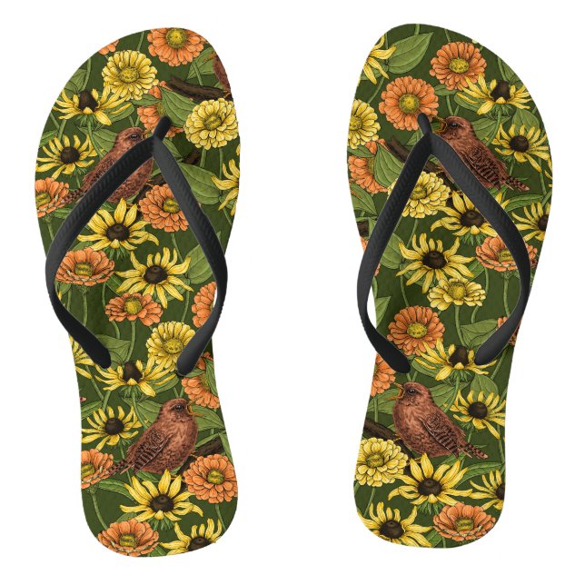 Wrens and flowers on green thongs (Footbed)