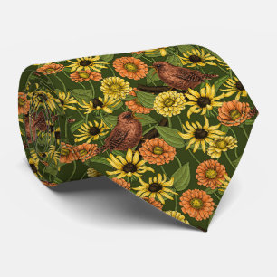 Wrens and flowers on green tie