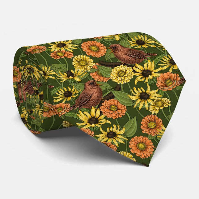 Wrens and flowers on green tie (Rolled)