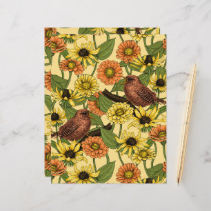 Wrens and flowers on pale yellow