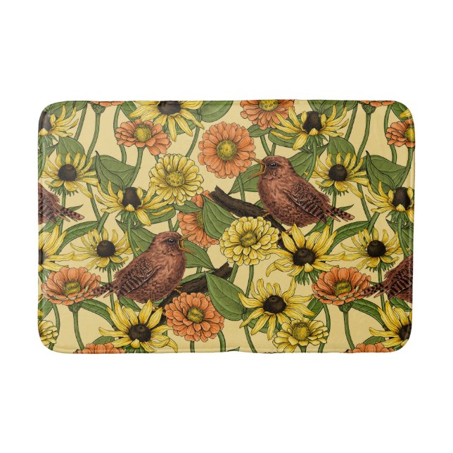 Wrens and flowers on pale yellow bath mat (Front)