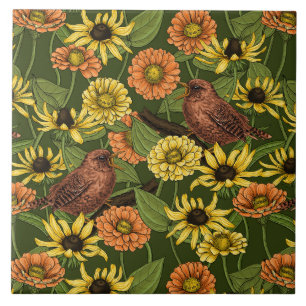 Wrens and flowers on pale yellow ceramic tile