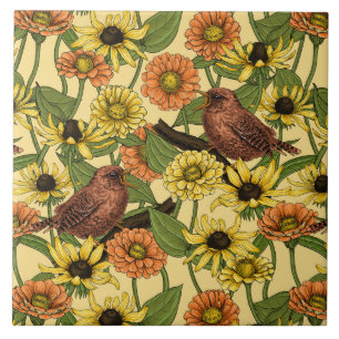 Wrens and flowers on pale yellow ceramic tile