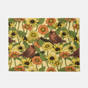 Wrens and flowers on pale yellow doormat