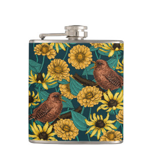 Wrens and flowers on pale yellow hip flask