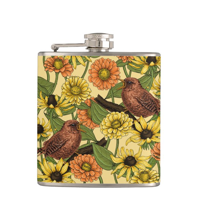 Wrens and flowers on pale yellow hip flask (Front)