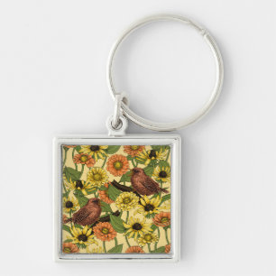 Wrens and flowers on pale yellow key ring