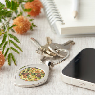 Wrens and flowers on pale yellow key ring
