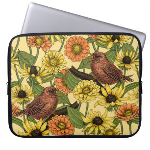 Wrens and flowers on pale yellow laptop sleeve