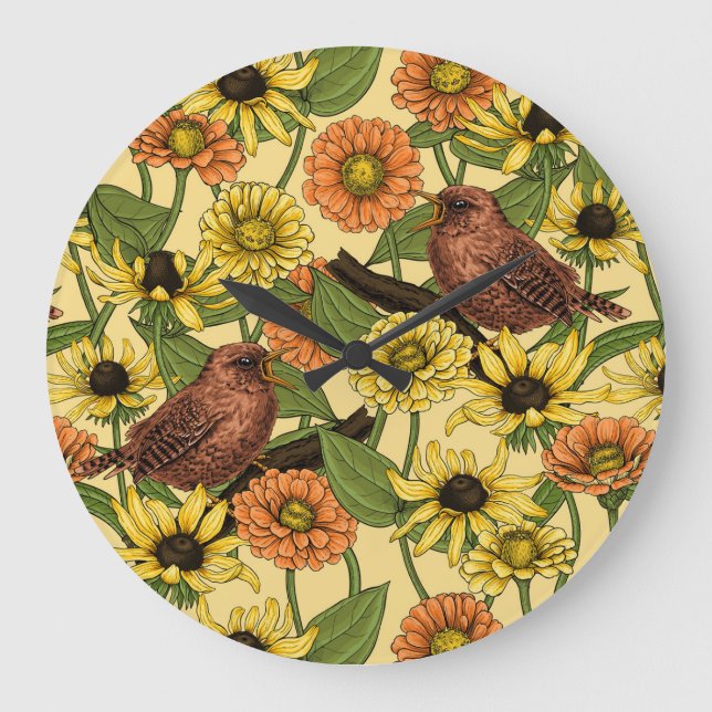 Wrens and flowers on pale yellow large clock (Front)