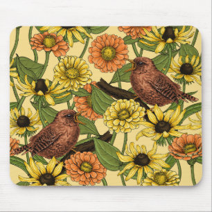 Wrens and flowers on pale yellow mouse pad