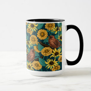 Wrens and flowers on pale yellow mug
