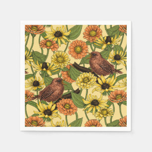 Wrens and flowers on pale yellow napkin