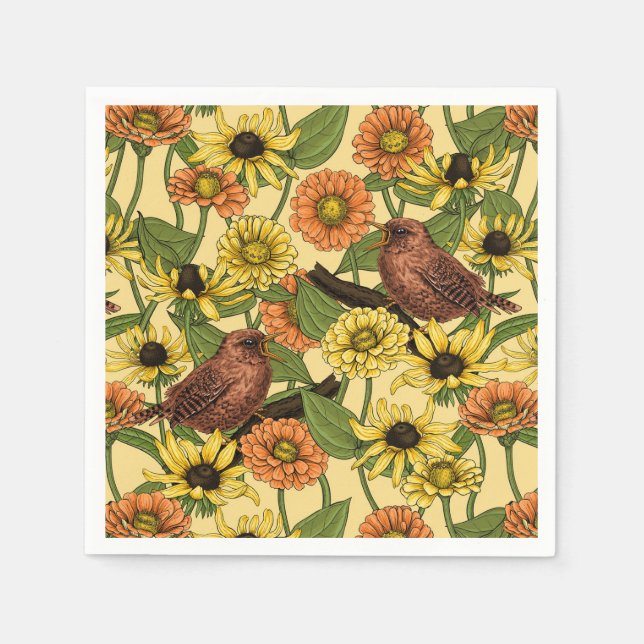 Wrens and flowers on pale yellow napkin (Front)