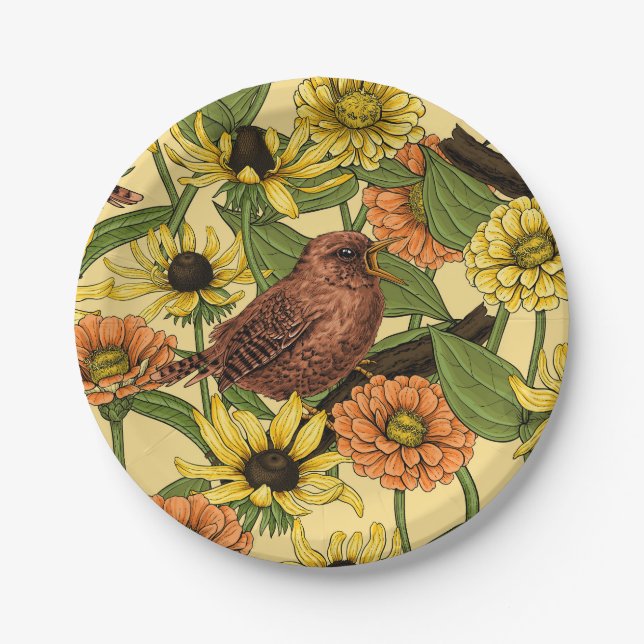Wrens and flowers on pale yellow paper plate (Front)