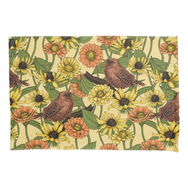 Wrens and flowers on pale yellow pillowcase (Front-Left)