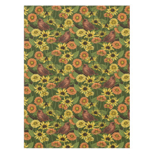 Wrens and flowers on pale yellow tablecloth