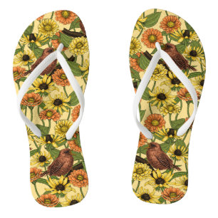 Wrens and flowers on pale yellow thongs