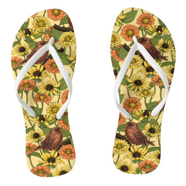 Wrens and flowers on pale yellow thongs (Footbed)