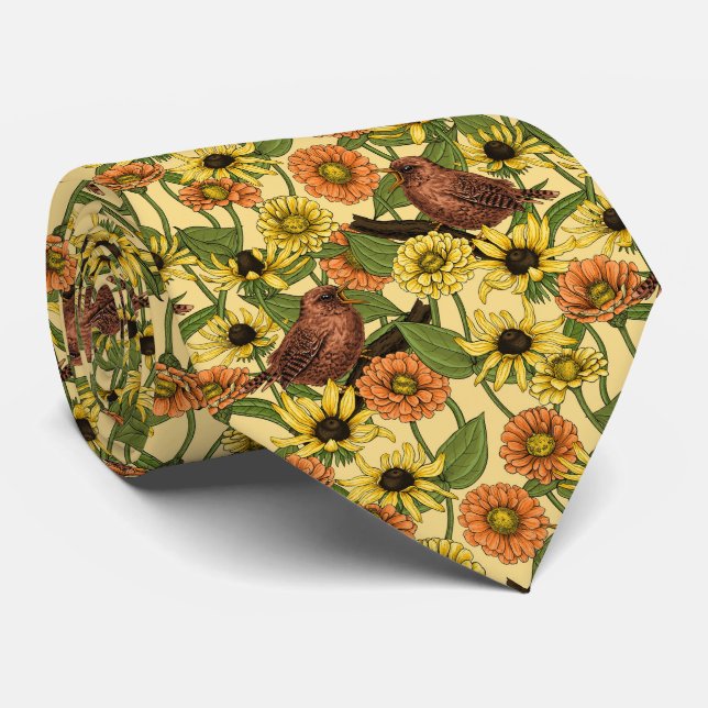 Wrens and flowers on pale yellow tie (Rolled)
