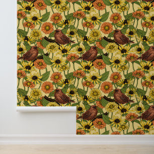 Wrens and flowers on pale yellow wallpaper