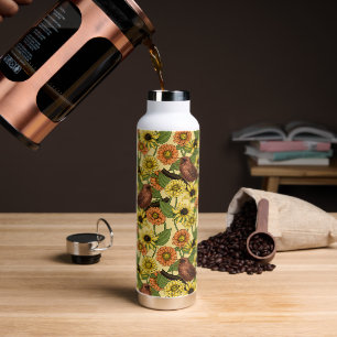 Wrens and flowers on pale yellow water bottle