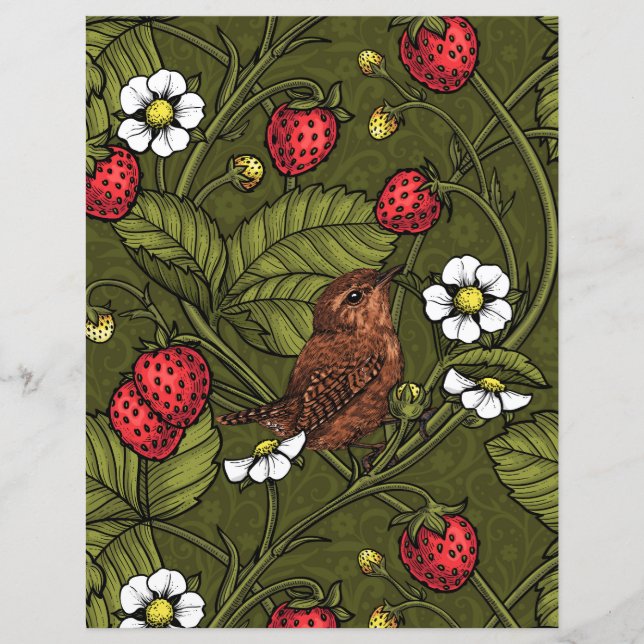 Wrens and strawberries on dark green (Front)