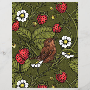 Wrens and strawberries on dark green
