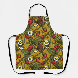 Wrens and strawberries on dark green apron