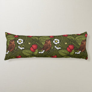 Wrens and strawberries on dark green body cushion