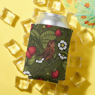 Wrens and strawberries on dark green can cooler
