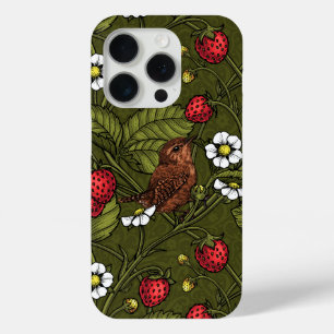 Wrens and strawberries on dark green iPhone 15 pro case