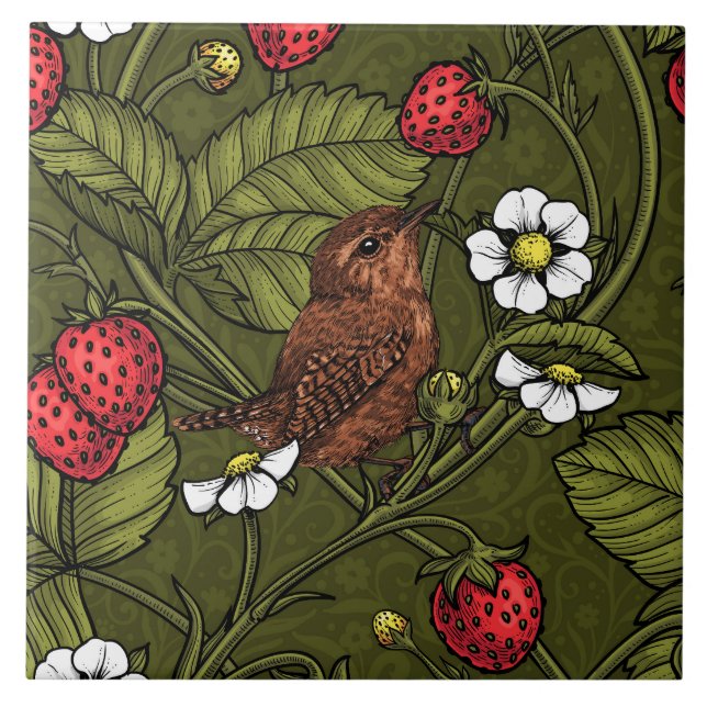 Wrens and strawberries on dark green ceramic tile (Front)