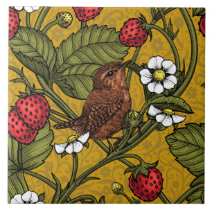 Wrens and strawberries on dark green ceramic tile