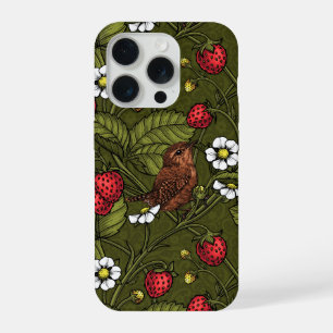 Wrens and strawberries on dark green iPhone 15 pro case