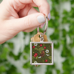 Wrens and strawberries on dark green key ring
